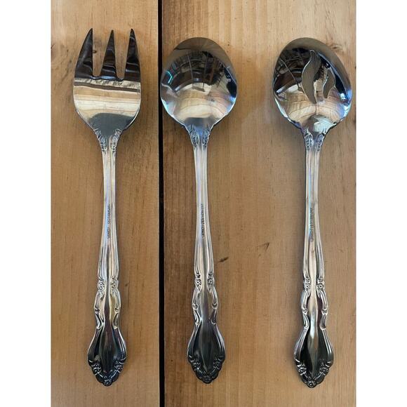 3 piece Oneida Chateau Serving Utensils. 2 spoons and 1 fork.Stainless. 8.5"long - Picture 2 of 3